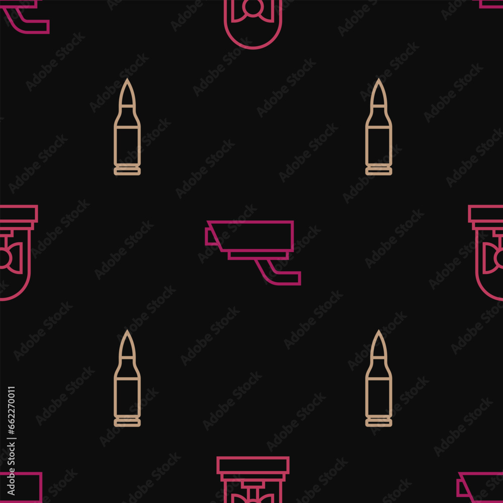 Poster set line flasher siren, bullet and security camera on seamless pattern. vector