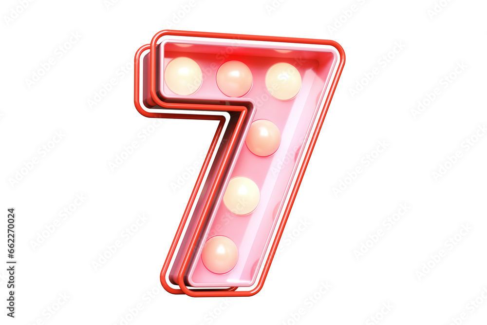 Poster vintage 3d bulb typeset digit number 7 in pink with warm lights. high quality 3d rendering.