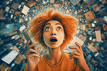 A young woman is holding her phone in shock, various streams of information are flying around her. Information data, too much media,information, maximalism, news, addiction to social networks.