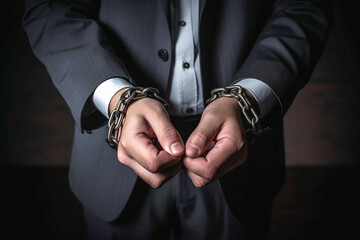tense hands of businessman, worried about chains, suffering in custody due to suspicious business concept. Concept of tied hands in business, taxes. - obrazy, fototapety, plakaty