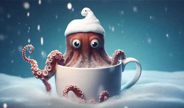 octopus in a large cup of coffee with a cap on its head surrounded by snow and a Christmas background