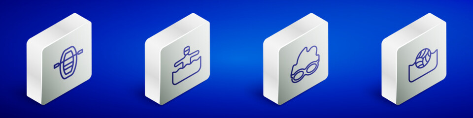 Set Isometric line Boat with oars, Water gymnastics, Glasses for swimming and polo icon. Vector