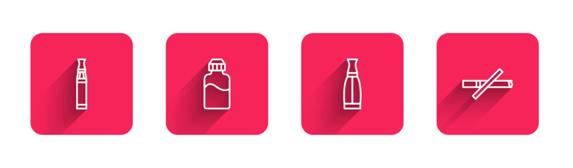 Set line Electronic cigarette, Vape liquid bottle, and No smoking with long shadow. Red square button. Vector