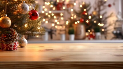 Fototapeta na wymiar Empty wooden table with blurred christmas tree in background