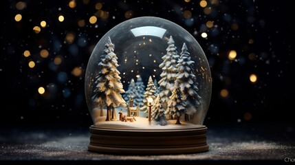 snow globe on a black background and Christmas trees in the glob generated by AI tool