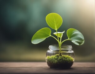 green sprout in a glass bottle. environmental protection. green sprout in a glass bottle. environmental protection. green seedling in the glass jar. growing in a pot on the background of a wooden boar