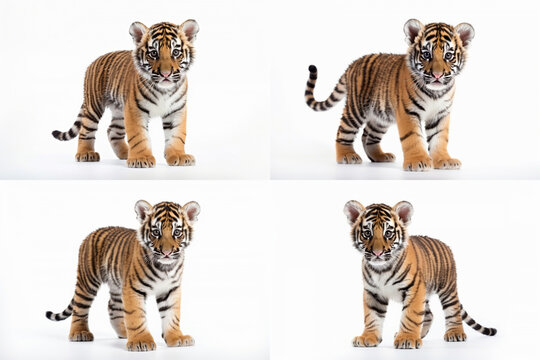 Four picture of A baby bengal tiger isolated on white background