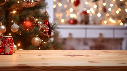 Fototapeta na wymiar Empty wooden table with blurred christmas tree in background