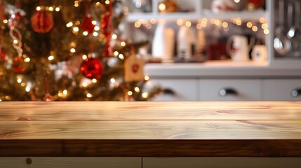 Empty wooden table with blurred christmas tree in background