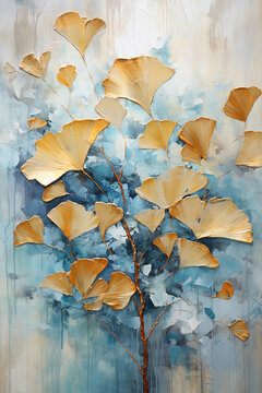 abstract painting of gingko leaves with gold foil