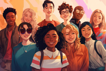 Illustration of diverse individuals representing Generation Z. The multiculturalism, inclusivity, and unique perspectives characteristic of this youngest generation of global citizens - obrazy, fototapety, plakaty