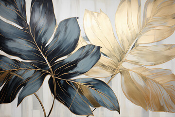 abstract painting of tropical leaves with gold foil