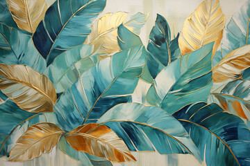 abstract painting of tropical leaves with gold foil