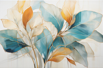 abstract painting of tropical leaves with gold foil