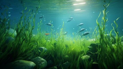 Fototapeta na wymiar Seagrasses swaying underwater with fish swimming around.