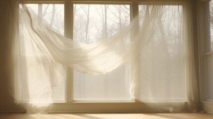 Sheer fabric held up against a window to show transparency.