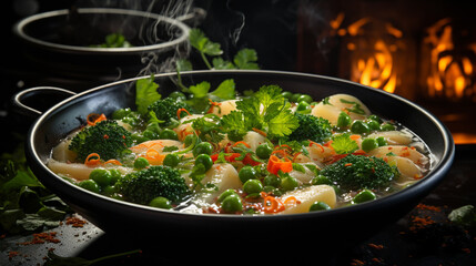 bowl of comforting soup, with steam rising and garnishes on top