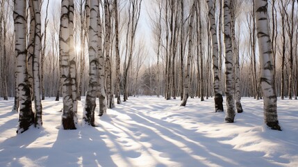 Silver birch trees casting shadows on a snowy ground
