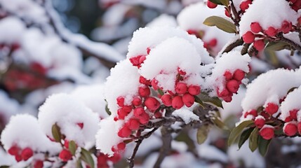 Snow-covered camellia shrub in winter.