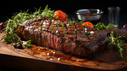 steak on a grill  with grill marks and a side of vegetables