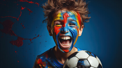 Face of young happy boy with face art. Soccer team fan, sport event, face art and patriotism concept. Studio shot copy space - obrazy, fototapety, plakaty