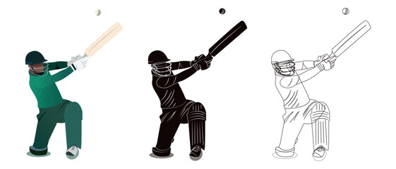 Set of a batsman playing cricket on the field illustration, line art and silhouette.