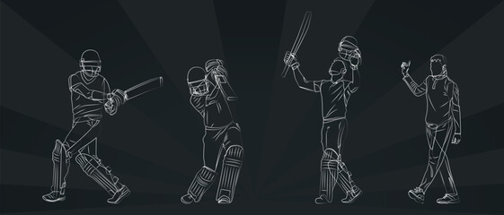Set of batsman playing cricket line art in black background illustration