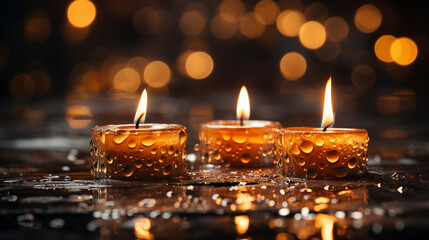 Closeup of 3 burning candles on abstract black background UHD wallpaper Stock Photographic Image