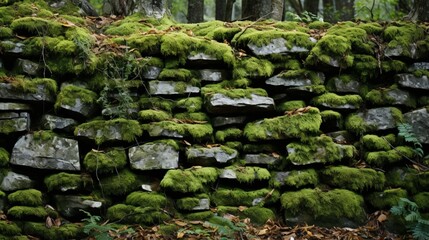 Fototapeta na wymiar Stacked stone wall with moss and ivy.