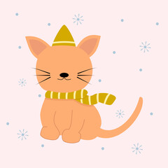 Adorable cat wearing hat and scarf in winter