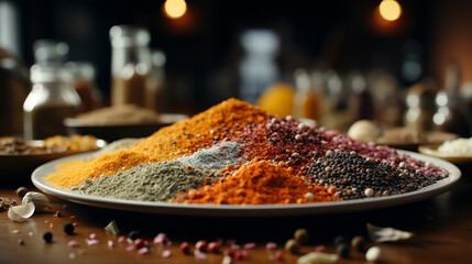 Colorful spices on wooden table UHD wallpaper Stock Photographic Image