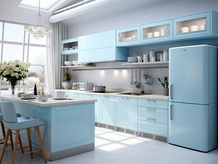 Fototapeta na wymiar Azure Simplicity: Modern Kitchen