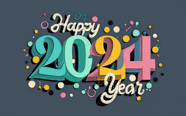 Happy New Year 2024 text design. Brochure design, invitation, template, calendar, card, banner. Retro style. Generative AI