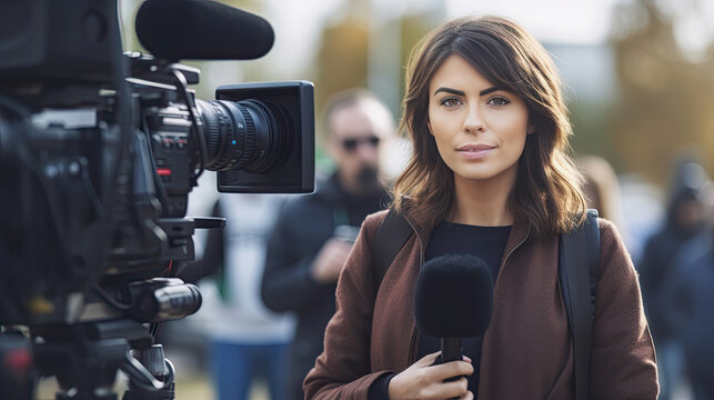 a female TV reporter presenting the news outdoors. Journalism industry, live streaming concept.