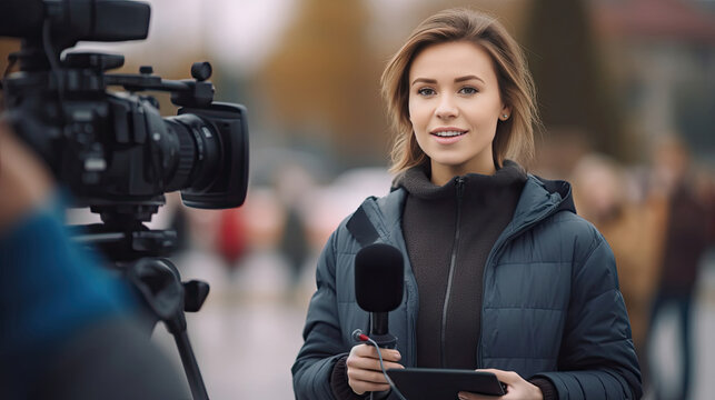 a female TV reporter presenting the news outdoors. Journalism industry, live streaming concept.