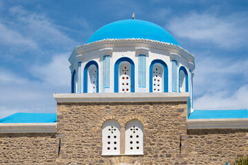 Greek Orthodox Church with blue dome on the island of Kos in Greece
