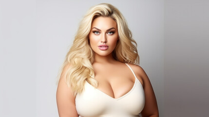 Naklejka premium Excited luxury plus size woman in front of a studio background