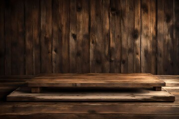 Grunge vintage wooden board table in front of an old wooden background, prepared for product display montages.