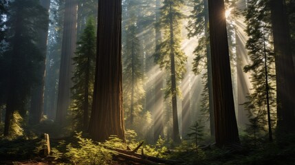 Sunlight filtering through dense sequoia trees