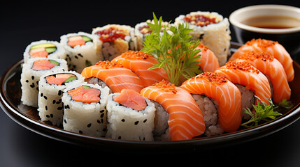 plate of sushi, showcasing a variety of rolls and fresh seafood