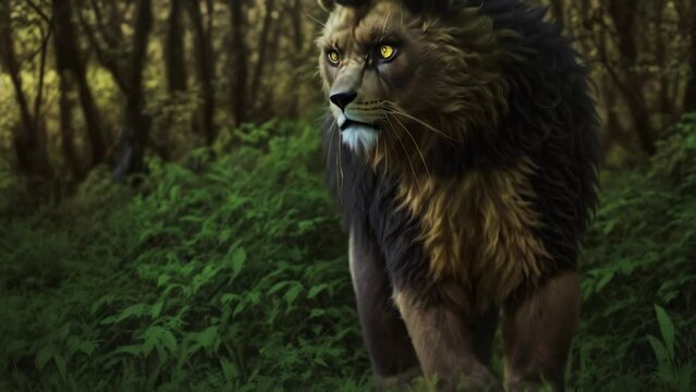 A Demonic Lion Bear Monster Stalking Prey 4K features an A.I. generated video of a creature with the head of a lion and the body or fur of a bear stalking its prey through a dark forest.