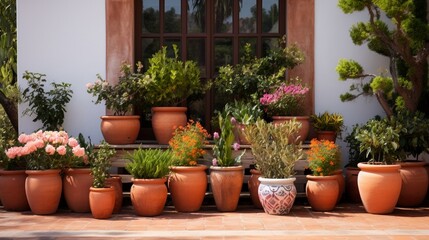 Terracotta pots on a Spanish-style patio.