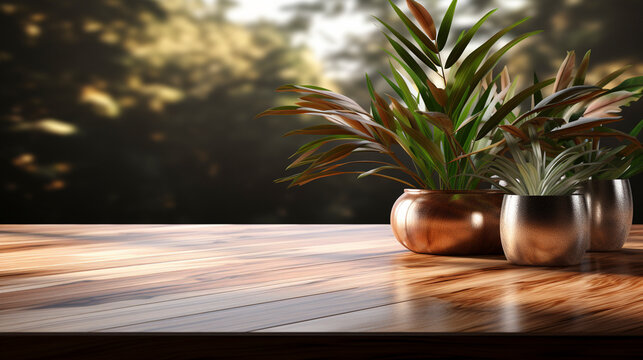 Empty wooden counter countertop in bamboo tree folia UHD wallpaper Stock Photographic Image