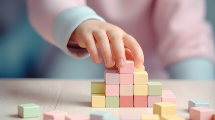 Close-up of children hands playing with a wooden block constructor. Developmental toys made of natural eco materials, early education.  - obrazy, fototapety, plakaty