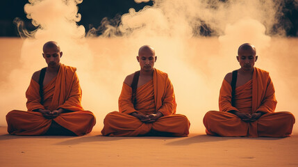 Group of Buddhist monks in meditation beside the river with beautiful nature background