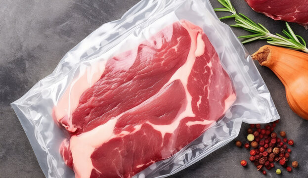 Fresh raw beef ribeye steak sealed in vacuum pack