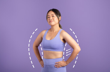 Asian woman with drawn silhouette, showing weight loss result, purple studio background