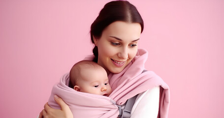 Happy mom holding newborn baby in sling, copy space. Baby carrier sling, mother and infant.  - obrazy, fototapety, plakaty