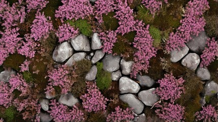 Top-down view of a patch of ground-covering heather shrubs. - obrazy, fototapety, plakaty