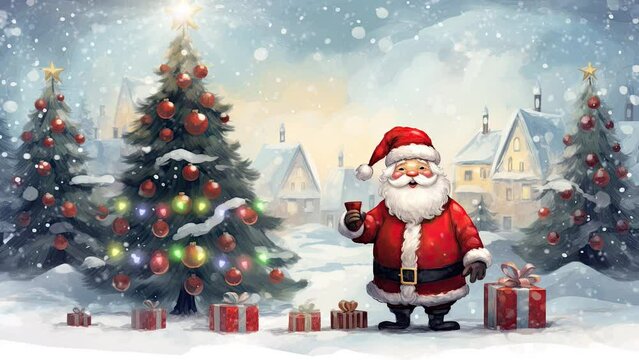 Christmas celebration with a cute concept with a santa claus with a Christmas tree and lights. seamless looping time-lapse virtual 4k video animation background